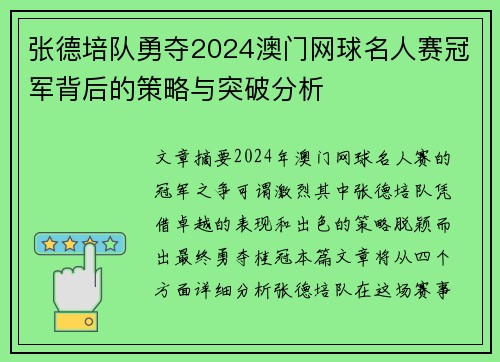 张德培队勇夺2024澳门网球名人赛冠军背后的策略与突破分析
